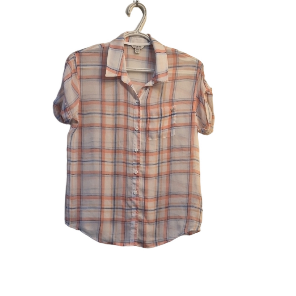 Guess Plaid Button-Up Shirt in White, Peach, and Light Blue
